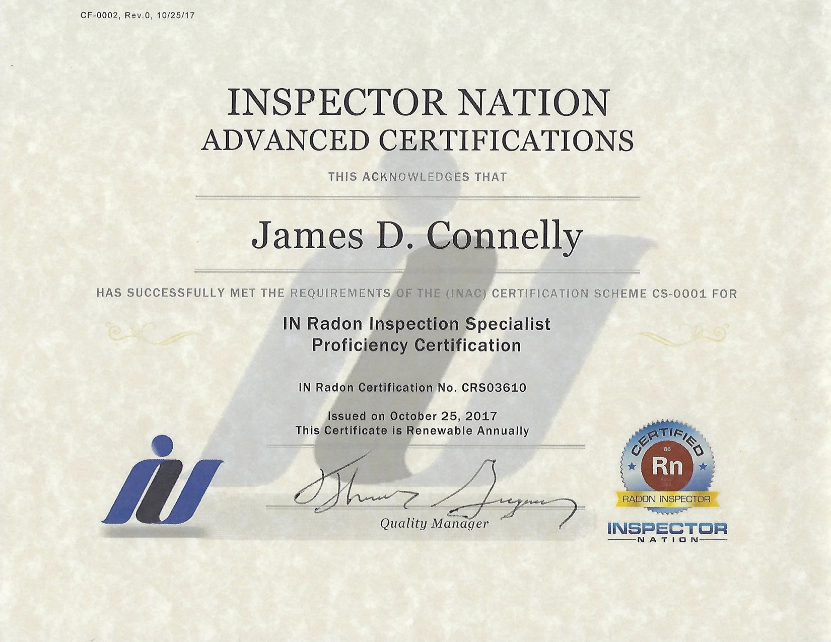 Inspector Nation Radon Proficiency Certificate